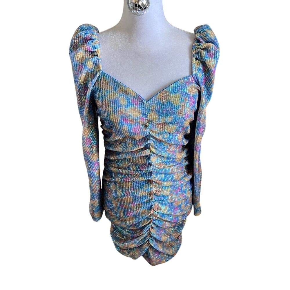 SAYLOR Multicolour Sequin Ruched Bodycon Dress Small Long Sleeve Mini